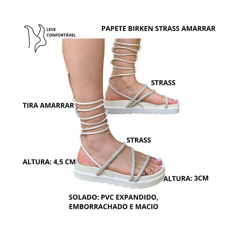 Sandalia Feminina Papete Birken Flatform Brilho Strass Amarrar